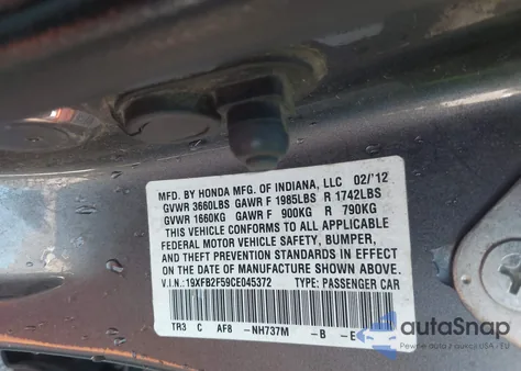 2012 Honda Civic Lx z USA, uszkodzony, nr VIN 19XFB2F59CE045372